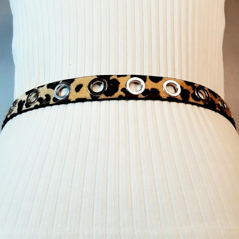 Womens Leopard Print Hairy Faux Leather Belt Size Large Big Grommets